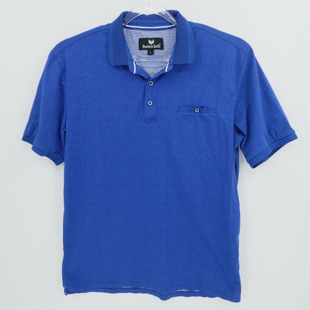Butter Cloth Shirt Mens Large Blue Geometric Polo Preppy‎ Golf Tipped Sleeve